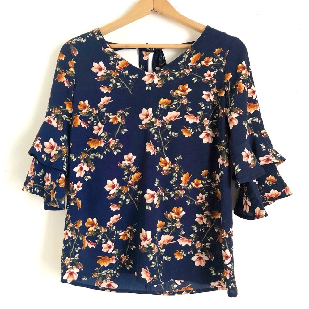 Navy Blue Floral Double Bell Sleeve Boho F…